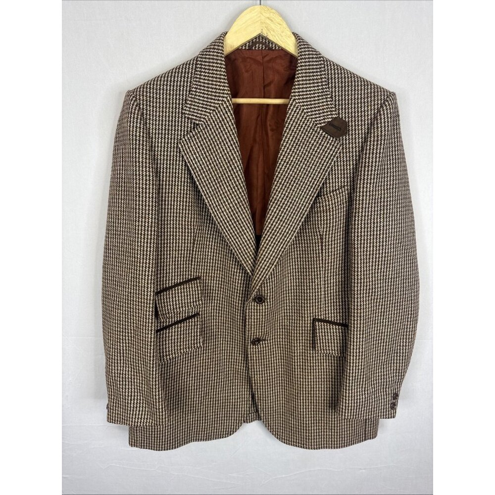 Vintage Palm Beach Tweed Sport Coat Houndstooth Wool Blend 44R Brown USA 70s